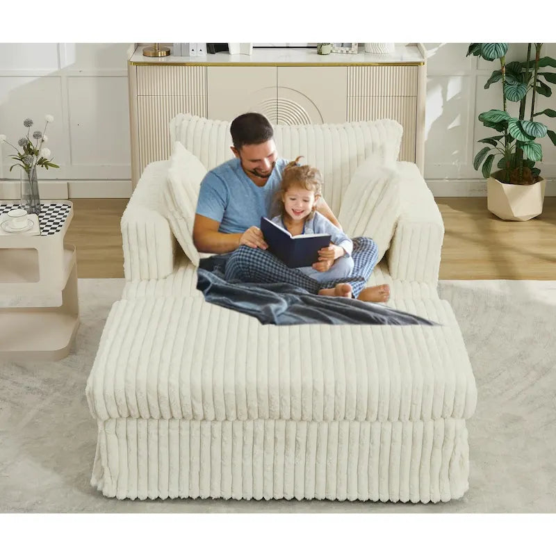 Beige 47.8" Corduroy Oversized Chaise Longue with Ottoman and 2 Pillows