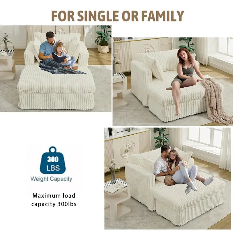 Beige 47.8" Corduroy Oversized Chaise Longue with Ottoman and 2 Pillows