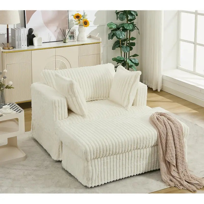 Beige 47.8" Corduroy Oversized Chaise Longue with Ottoman and 2 Pillows
