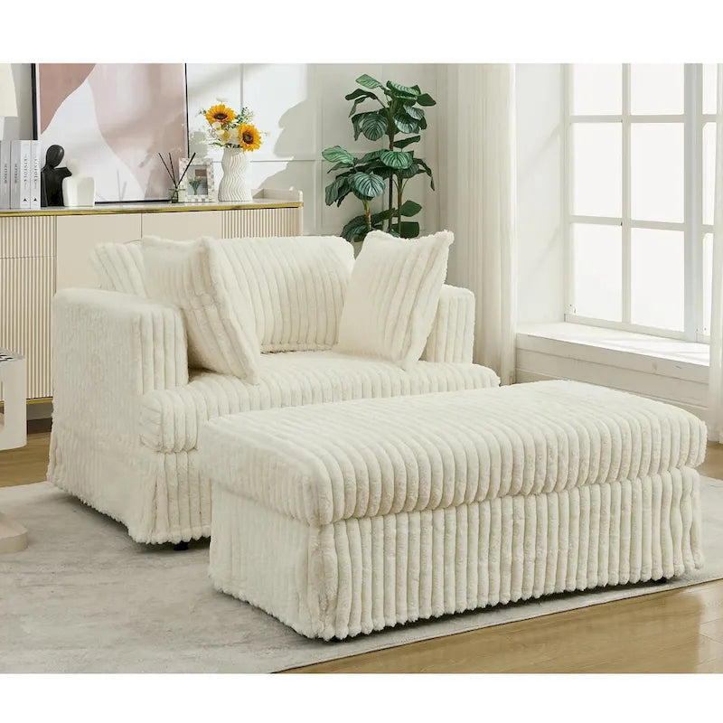 Beige 47.8" Corduroy Oversized Chaise Longue with Ottoman and 2 Pillows