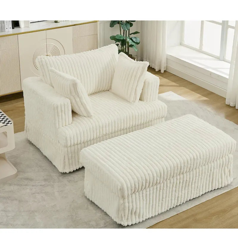 Beige 47.8" Corduroy Oversized Chaise Longue with Ottoman and 2 Pillows