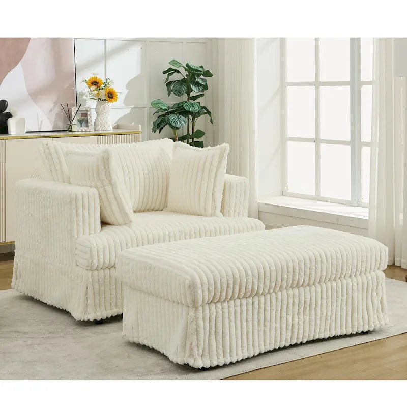 Beige 47.8" Corduroy Oversized Chaise Longue with Ottoman and 2 Pillows