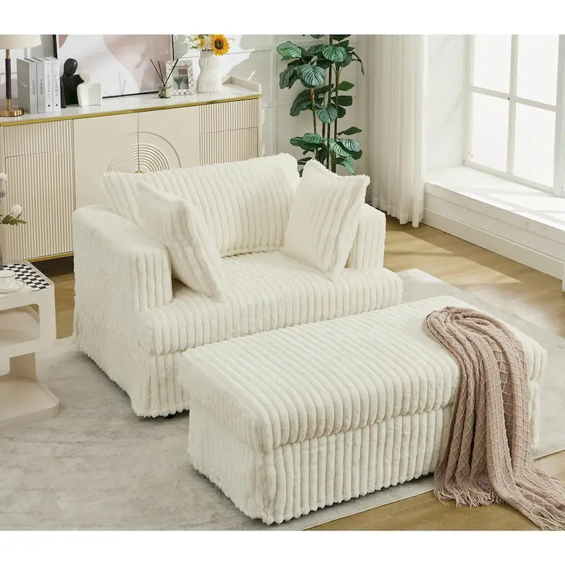 Beige 47.8" Corduroy Oversized Chaise Longue with Ottoman and 2 Pillows