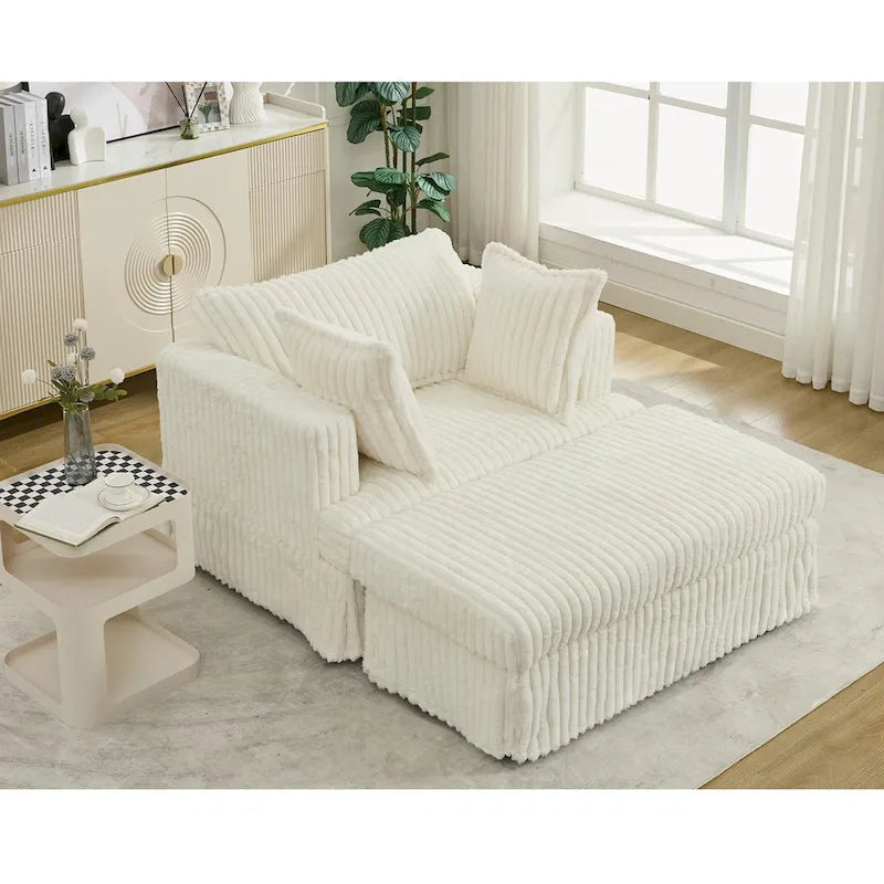 Beige 47.8" Corduroy Oversized Chaise Longue with Ottoman and 2 Pillows