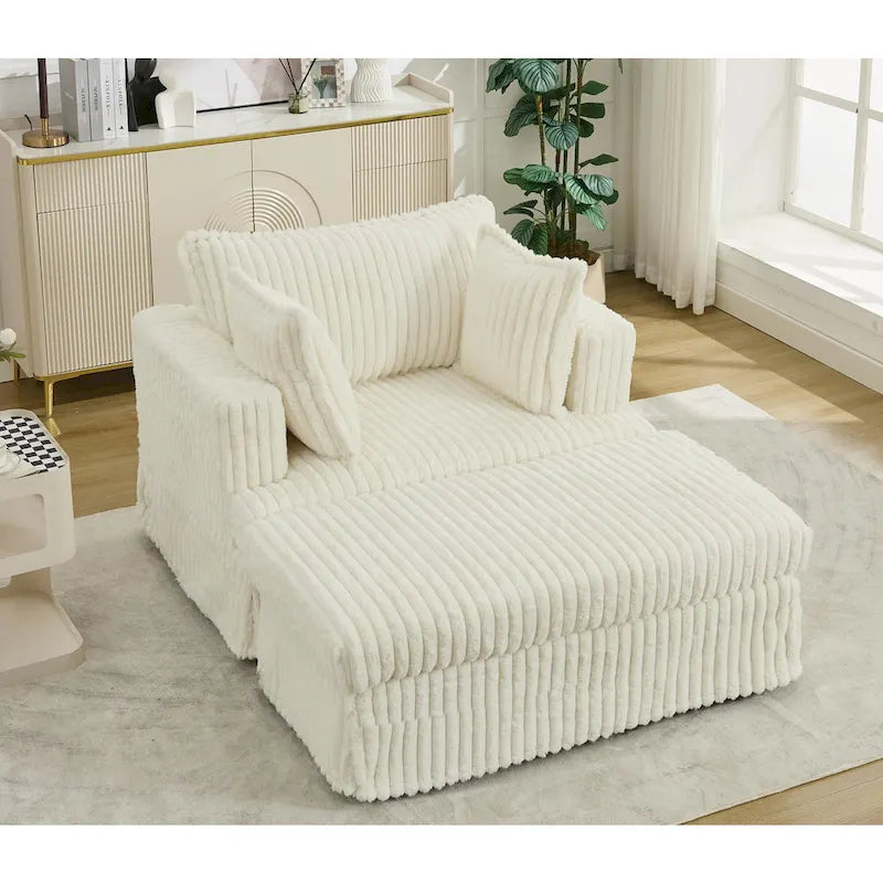 Beige 47.8" Corduroy Oversized Chaise Longue with Ottoman and 2 Pillows