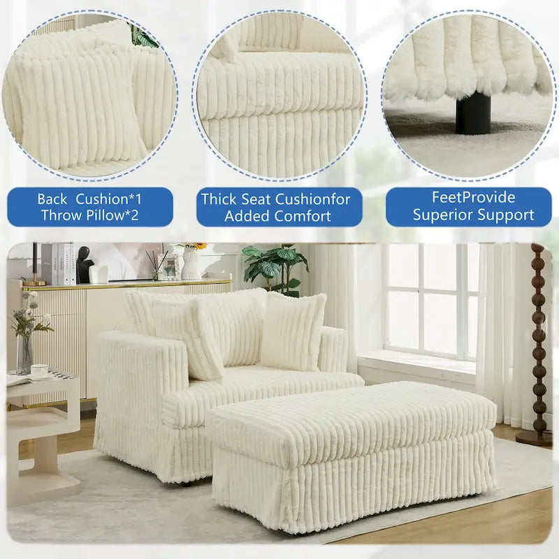 Beige 47.8" Corduroy Oversized Chaise Longue with Ottoman and 2 Pillows