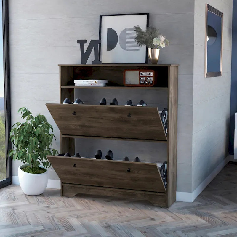 2-Shelf Shoe Rack with Cabinet Doors, Dark Brown Manufactured Wood, 39.3"W
