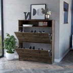 2-Shelf Shoe Rack with Cabinet Doors, Dark Brown Manufactured Wood, 39.3"W