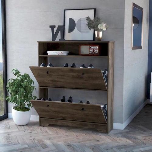 2-Shelf Shoe Rack with Cabinet Doors, Dark Brown Manufactured Wood, 39.3"W