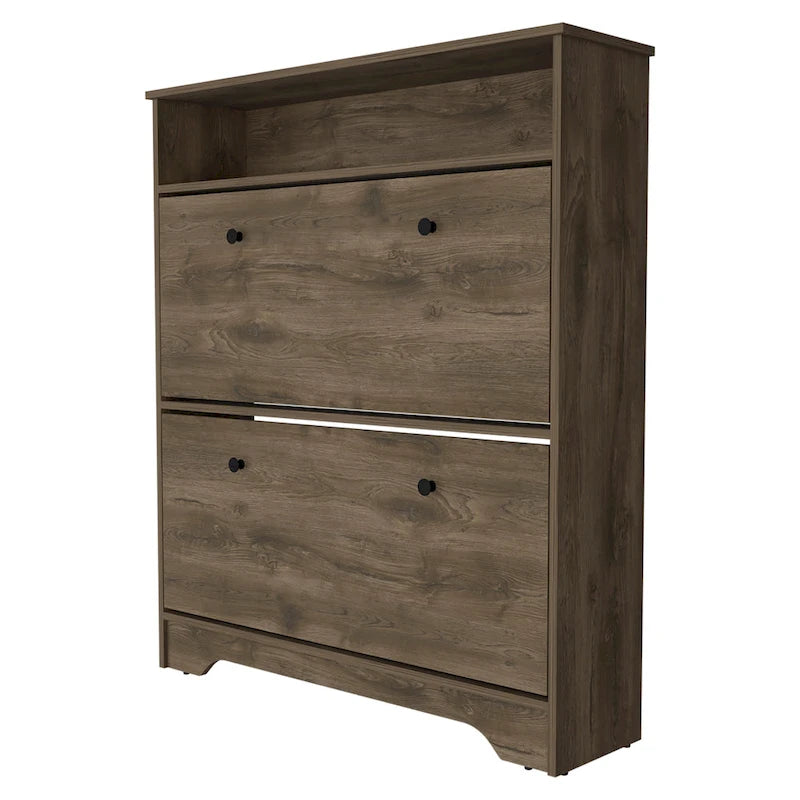 2-Shelf Shoe Rack with Cabinet Doors, Dark Brown Manufactured Wood, 39.3"W