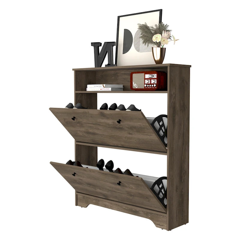 2-Shelf Shoe Rack with Cabinet Doors, Dark Brown Manufactured Wood, 39.3"W