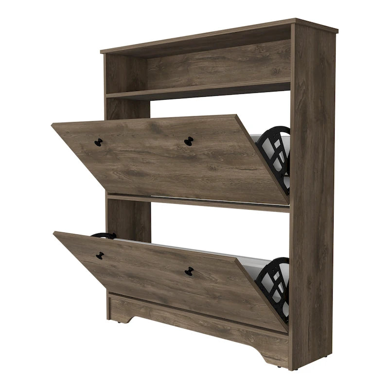2-Shelf Shoe Rack with Cabinet Doors, Dark Brown Manufactured Wood, 39.3"W