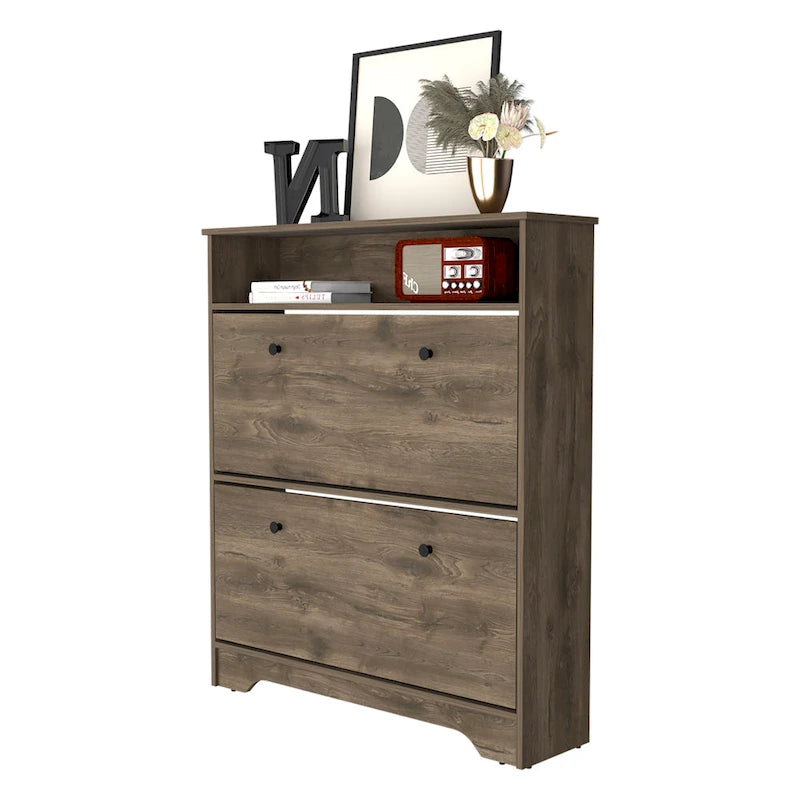 2-Shelf Shoe Rack with Cabinet Doors, Dark Brown Manufactured Wood, 39.3"W