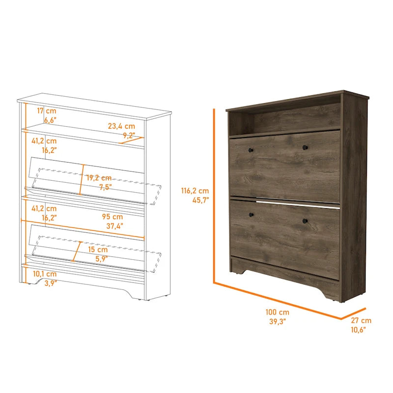 2-Shelf Shoe Rack with Cabinet Doors, Dark Brown Manufactured Wood, 39.3"W