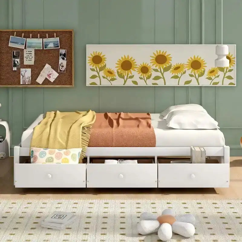 Twin Size Wooden Platform Bed with 3 Drawers