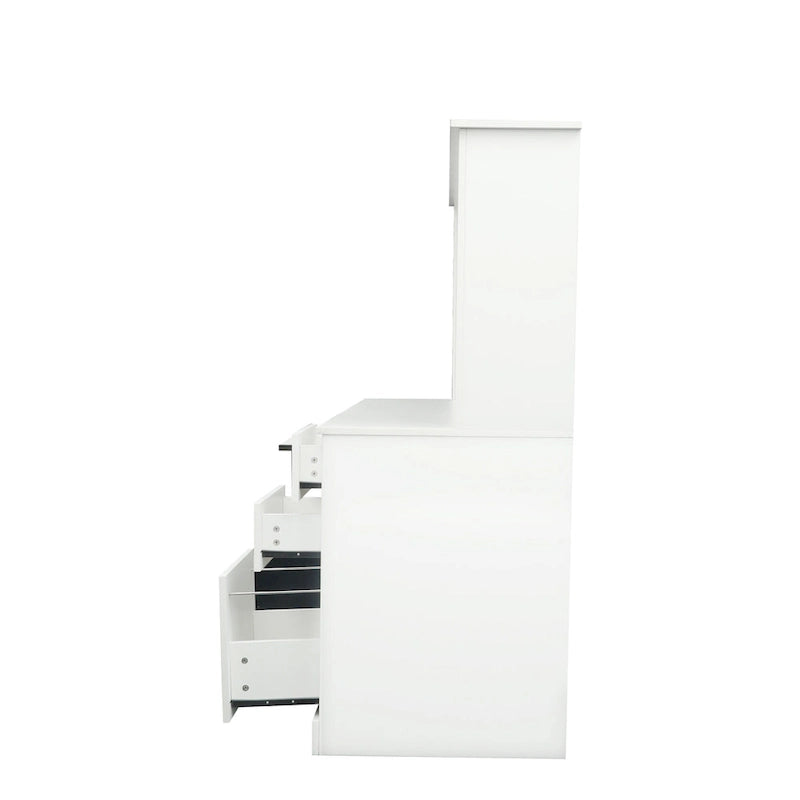 Modern Computer Desk with Hutch and 2 Tier Shelves and Drawers and Concealed Cabinet for Study and Bedroom or Living Room