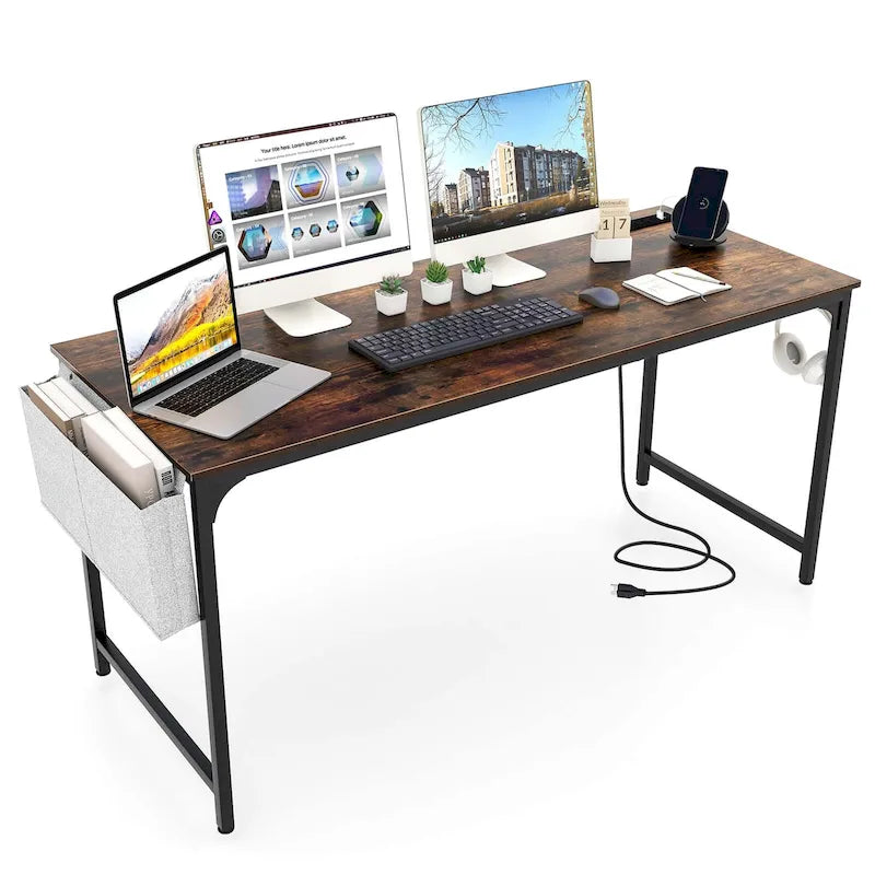 Modern 60" Computer Desk with Built-in Charging Station, Storage Bag & Hook