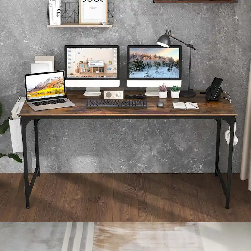 Modern 60" Computer Desk with Built-in Charging Station, Storage Bag & Hook