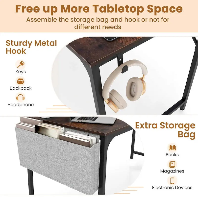 Modern 60" Computer Desk with Built-in Charging Station, Storage Bag & Hook