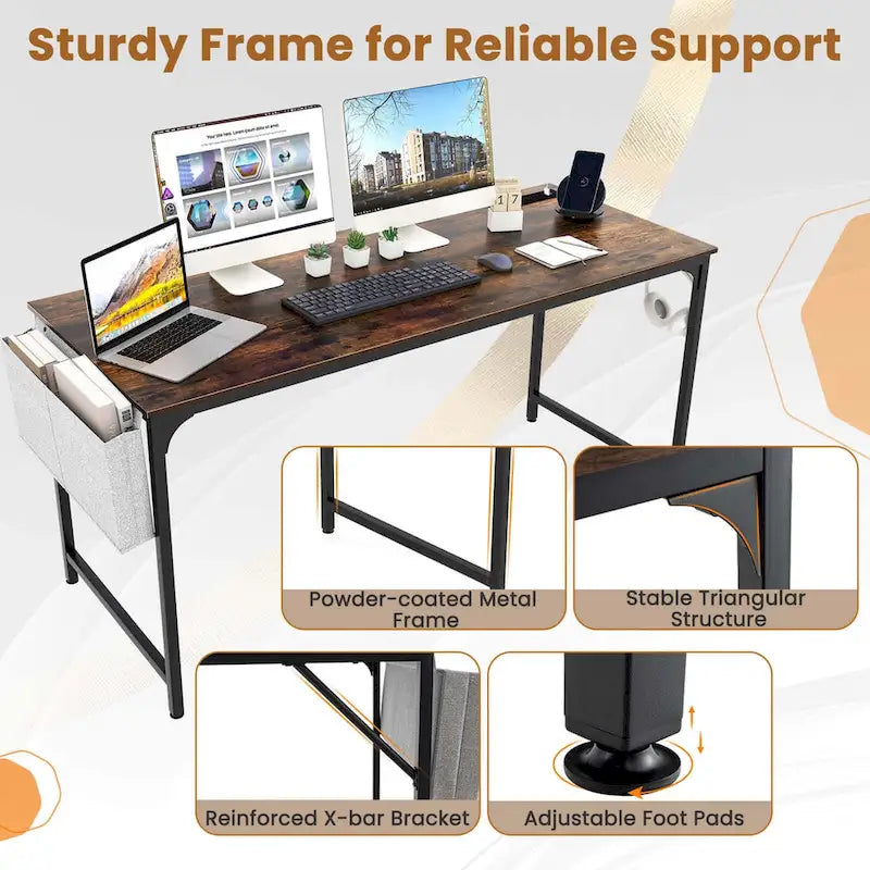 Modern 60" Computer Desk with Built-in Charging Station, Storage Bag & Hook