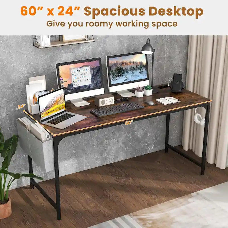 Modern 60" Computer Desk with Built-in Charging Station, Storage Bag & Hook