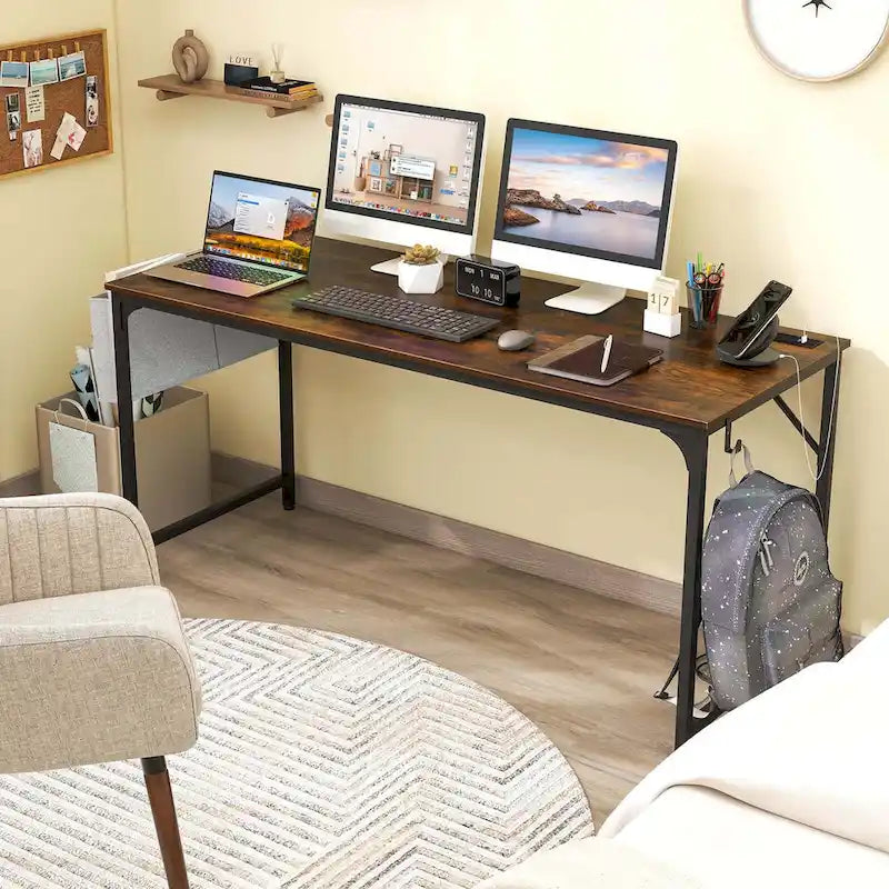 Modern 60" Computer Desk with Built-in Charging Station, Storage Bag & Hook