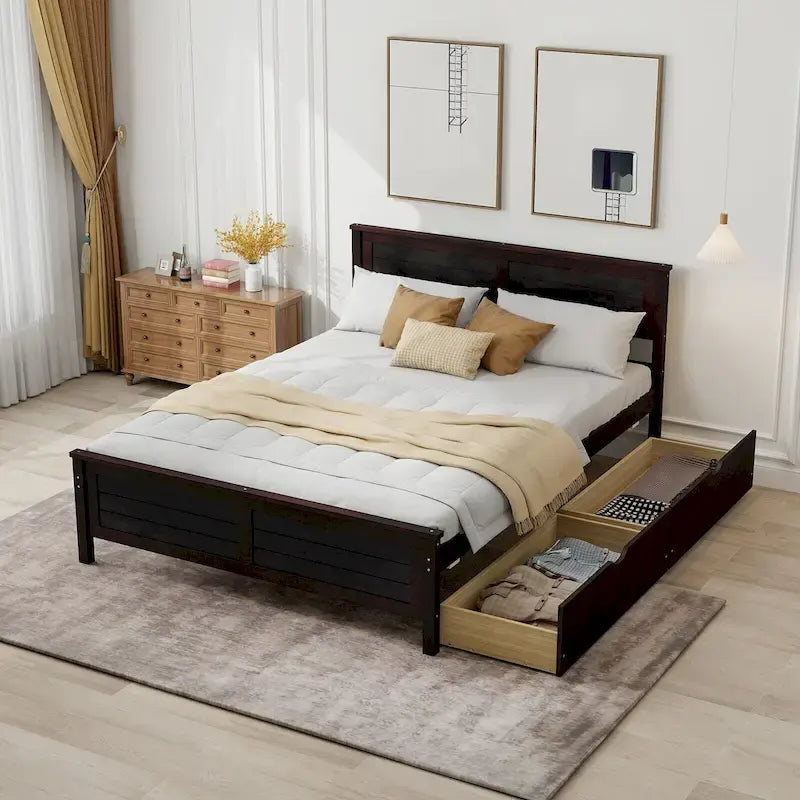Full Size Wooden Bed Frame with 2 Under-Bed Storage Drawers