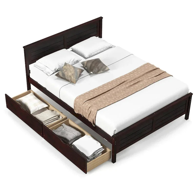 Full Size Wooden Bed Frame with 2 Under-Bed Storage Drawers