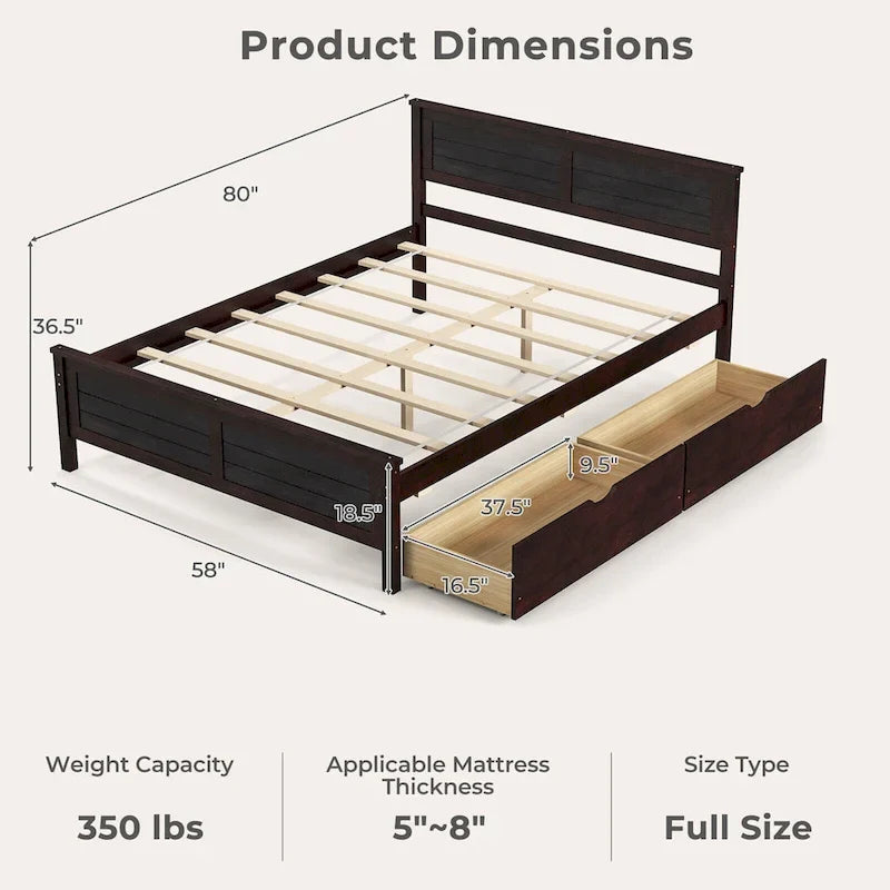 Full Size Wooden Bed Frame with 2 Under-Bed Storage Drawers