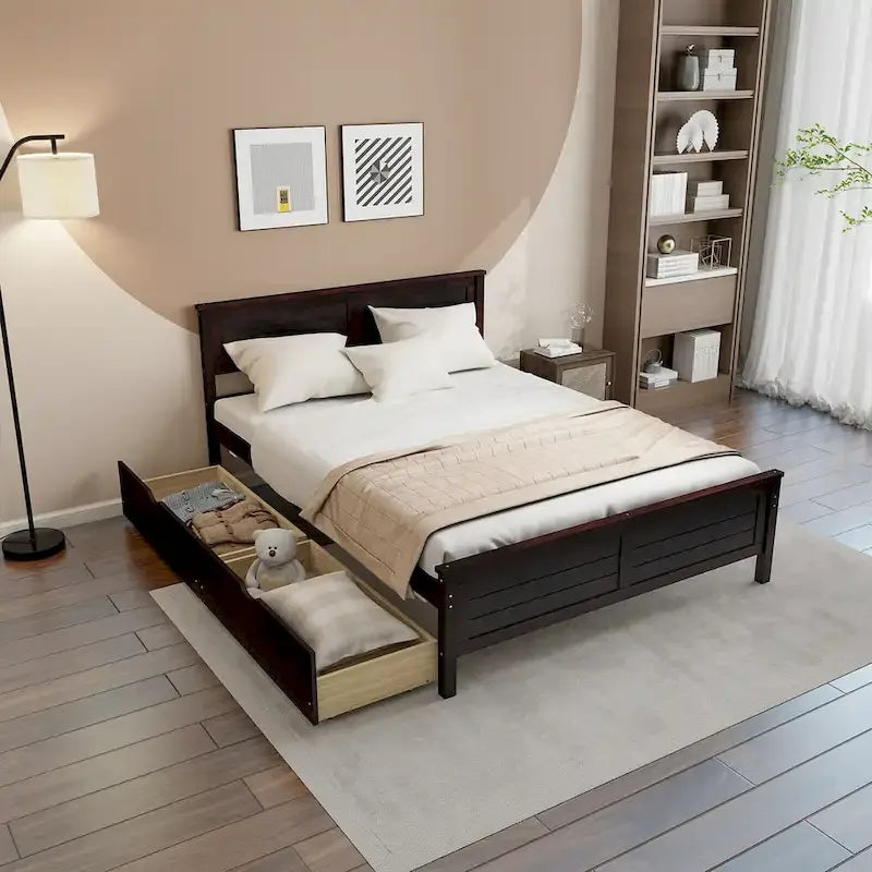 Full Size Wooden Bed Frame with 2 Under-Bed Storage Drawers