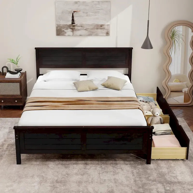 Full Size Wooden Bed Frame with 2 Under-Bed Storage Drawers