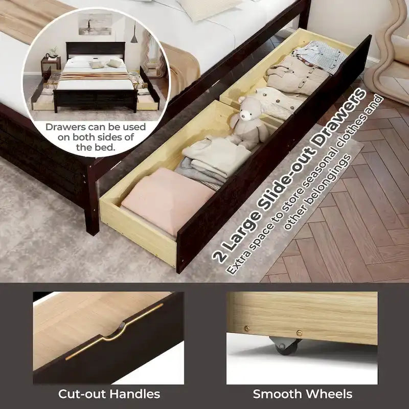 Full Size Wooden Bed Frame with 2 Under-Bed Storage Drawers
