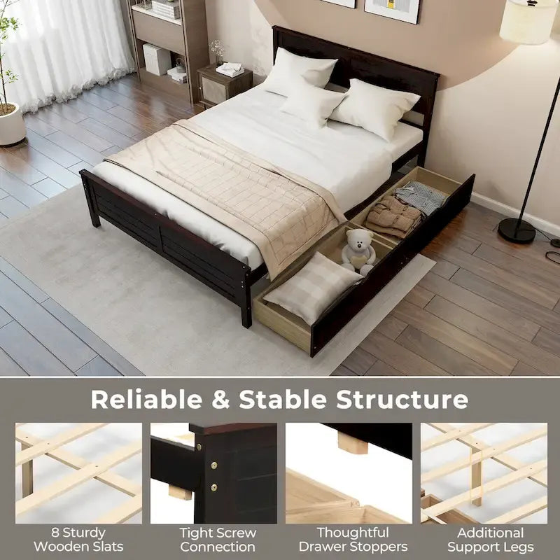 Full Size Wooden Bed Frame with 2 Under-Bed Storage Drawers