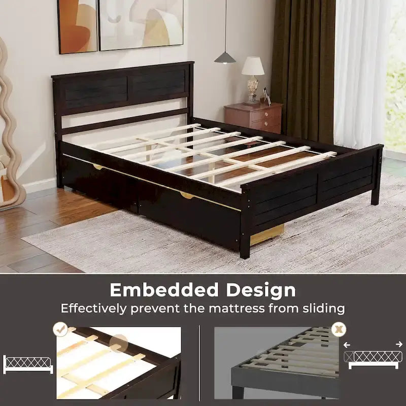 Full Size Wooden Bed Frame with 2 Under-Bed Storage Drawers