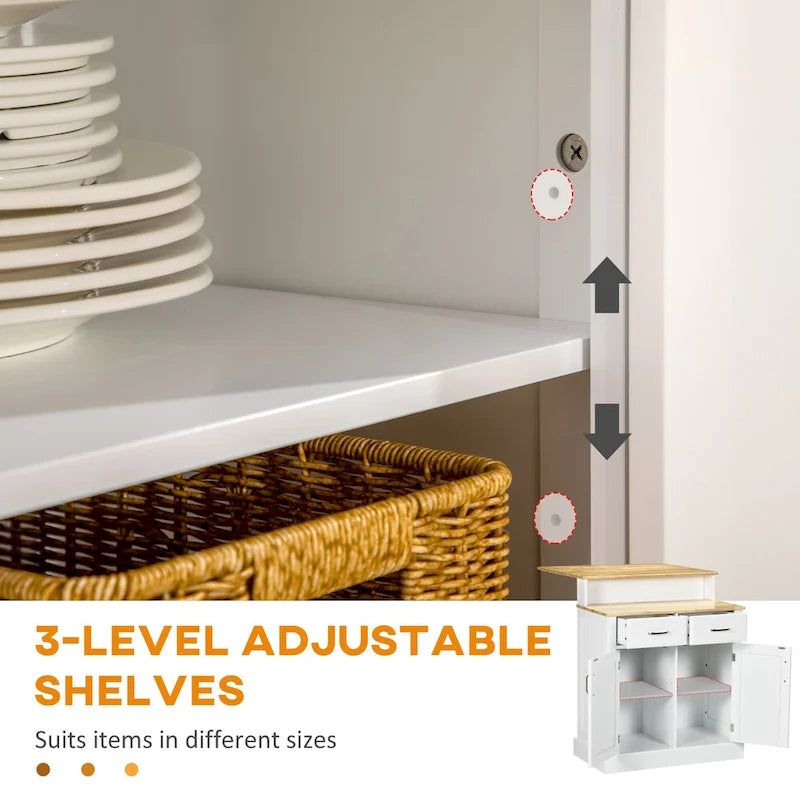 Kitchen Island With Storage Cabinet And 2-Level Rubber Wood Tabletop(no include stool)