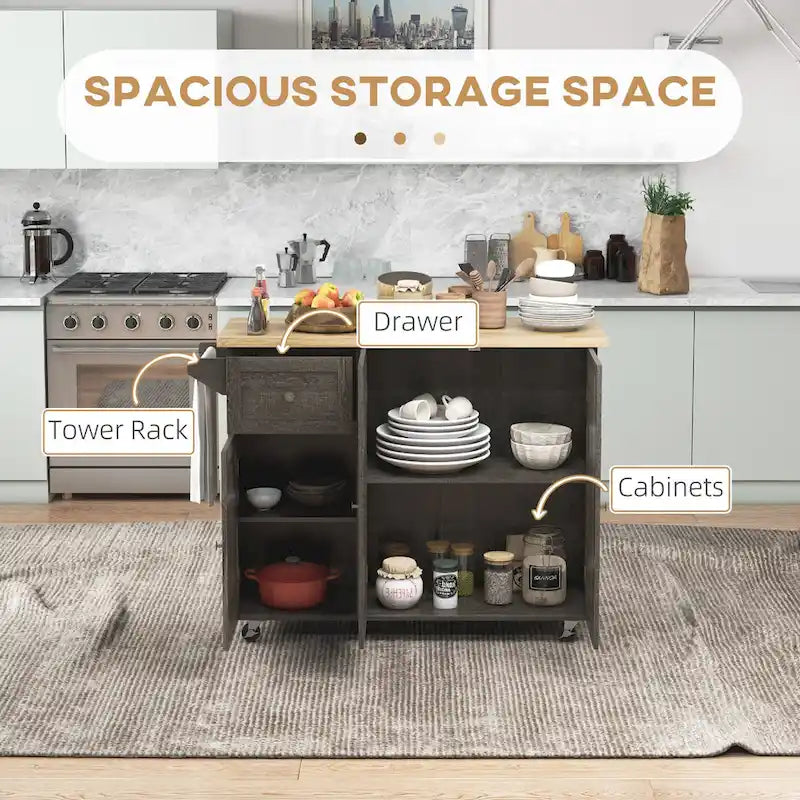 Triple-Cabinet Rolling Kitchen Island On Wheels(no include stool)