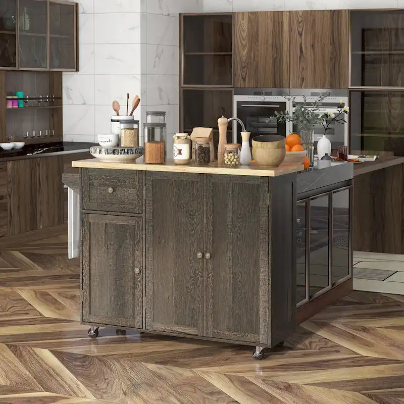 Triple-Cabinet Rolling Kitchen Island On Wheels(no include stool)