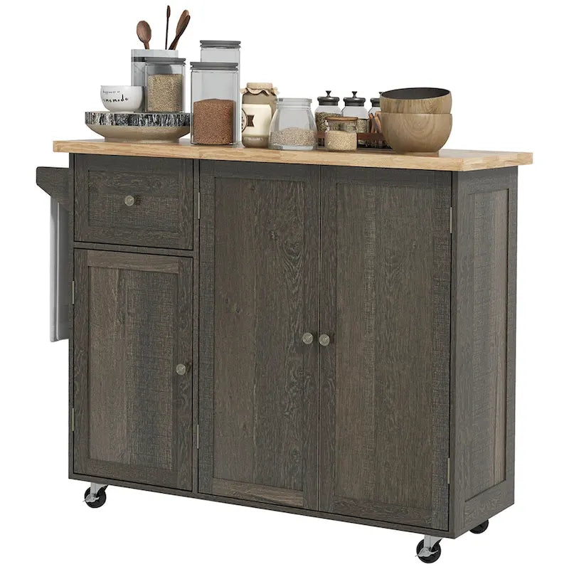 Triple-Cabinet Rolling Kitchen Island On Wheels(no include stool)