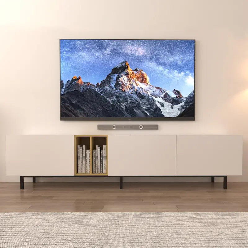 77" White TV Console with Large Storage & Built-in Power Socket