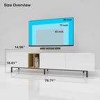 Console TV blanche de 77" avec grand rangement et prise de courant intégrée
