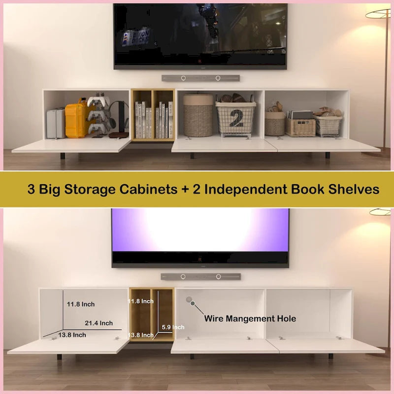 77" White TV Console with Large Storage & Built-in Power Socket