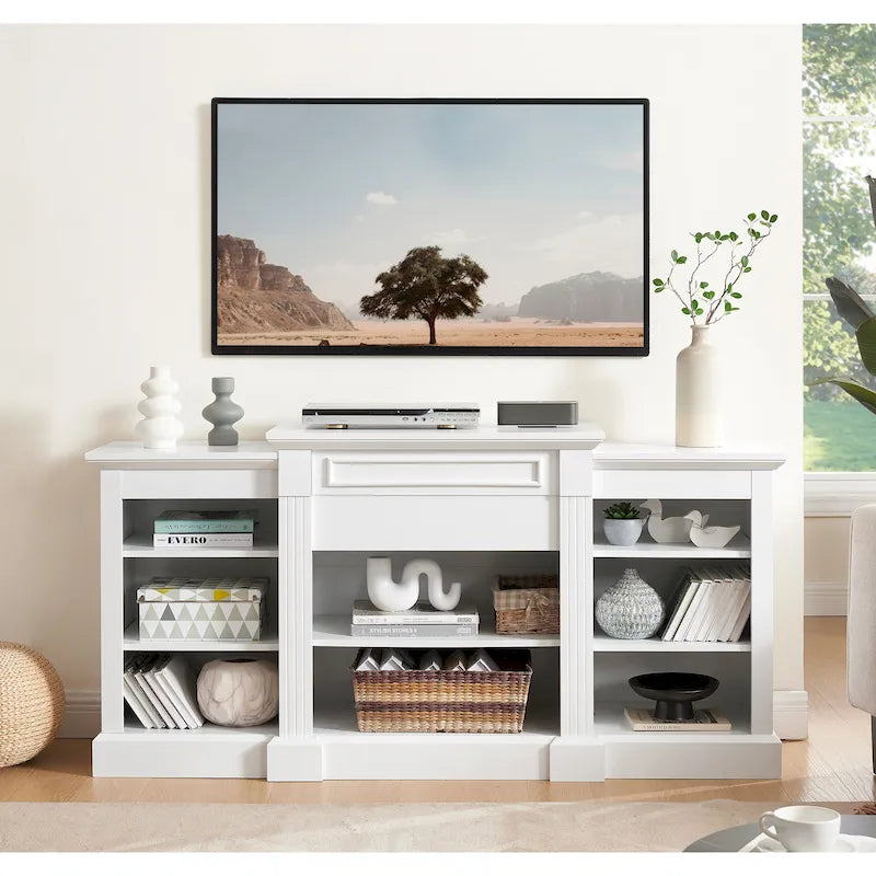 66" White TV Stand with Large Cabinet & Adjustable Shelves for TVs Up to 65"