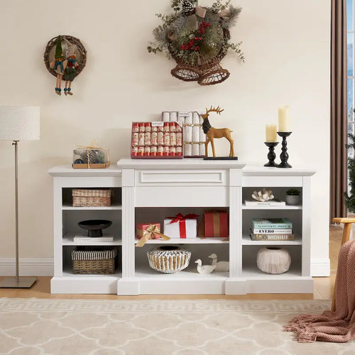 66" White TV Stand with Large Cabinet & Adjustable Shelves for TVs Up to 65"