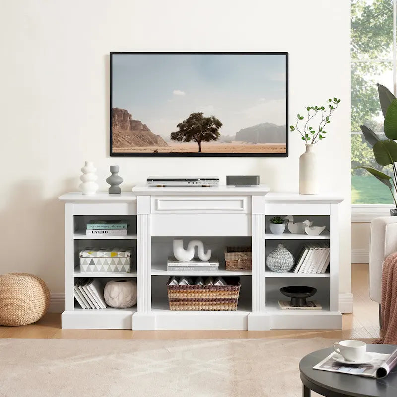 66" White TV Stand with Large Cabinet & Adjustable Shelves for TVs Up to 65"
