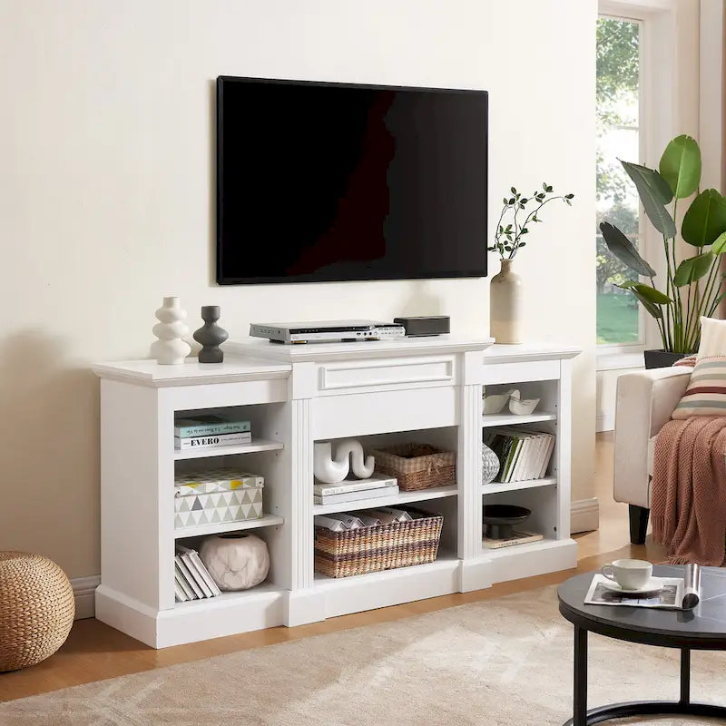 66" White TV Stand with Large Cabinet & Adjustable Shelves for TVs Up to 65"