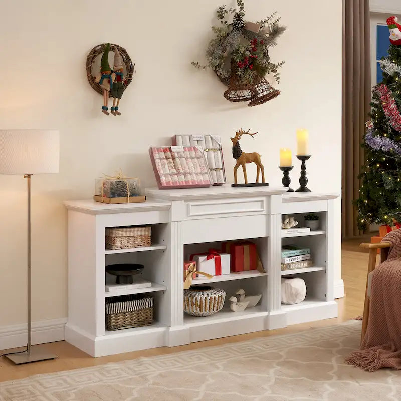 66" White TV Stand with Large Cabinet & Adjustable Shelves for TVs Up to 65"