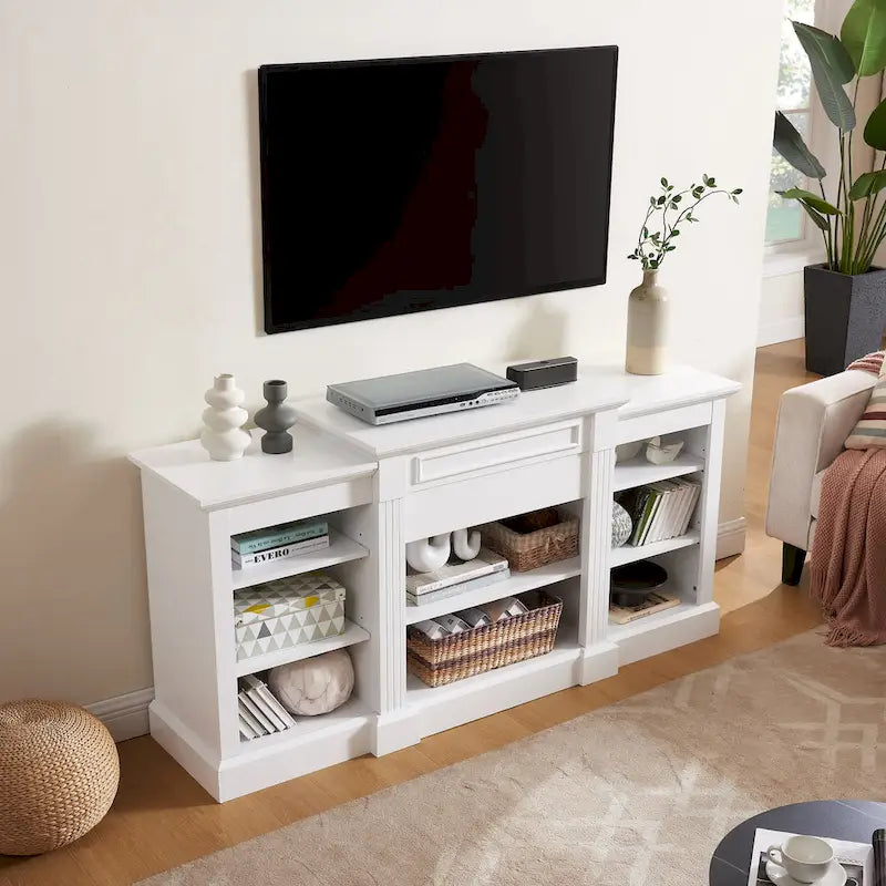 66" White TV Stand with Large Cabinet & Adjustable Shelves for TVs Up to 65"