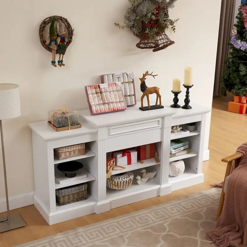 66" White TV Stand with Large Cabinet & Adjustable Shelves for TVs Up to 65"