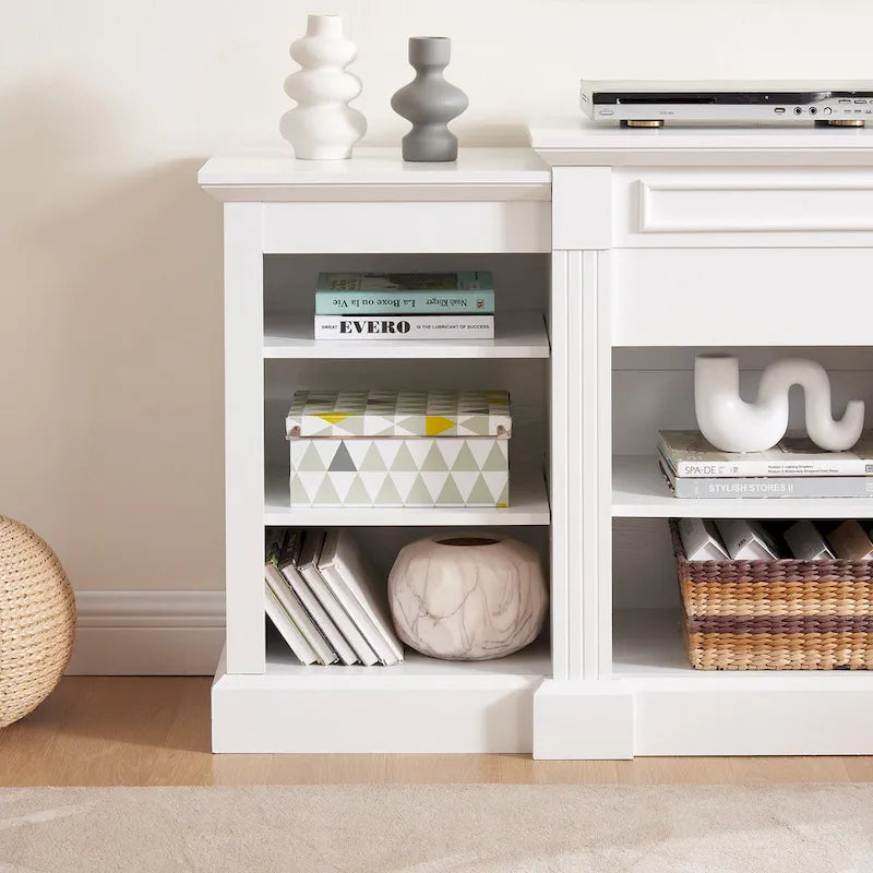 66" White TV Stand with Large Cabinet & Adjustable Shelves for TVs Up to 65"