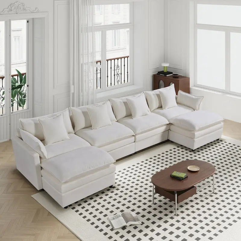 White 142" U-Shaped 6-Seater Sectional Sofa with Chaise, Ottomans & Cloud Cushions